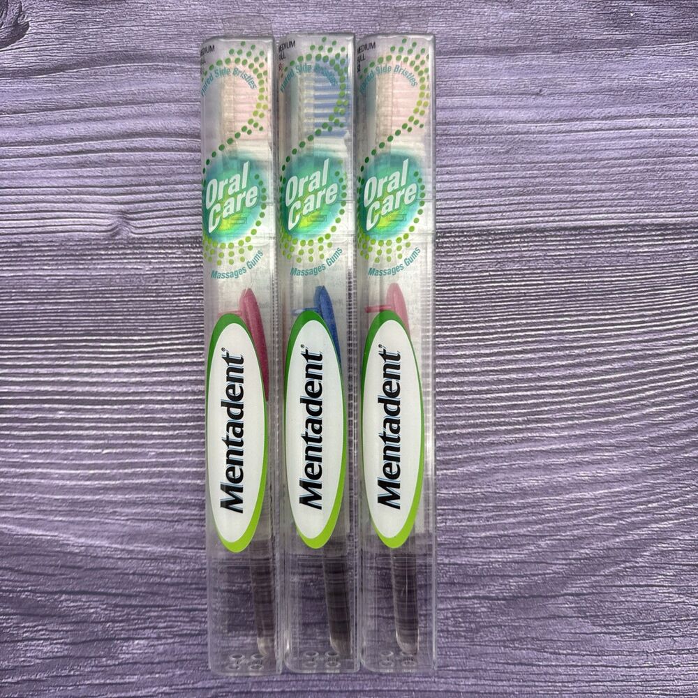 3 VTG Mentadent 52 Toothbrush Medium Full Head Flared Side Bristles HIS & HERS